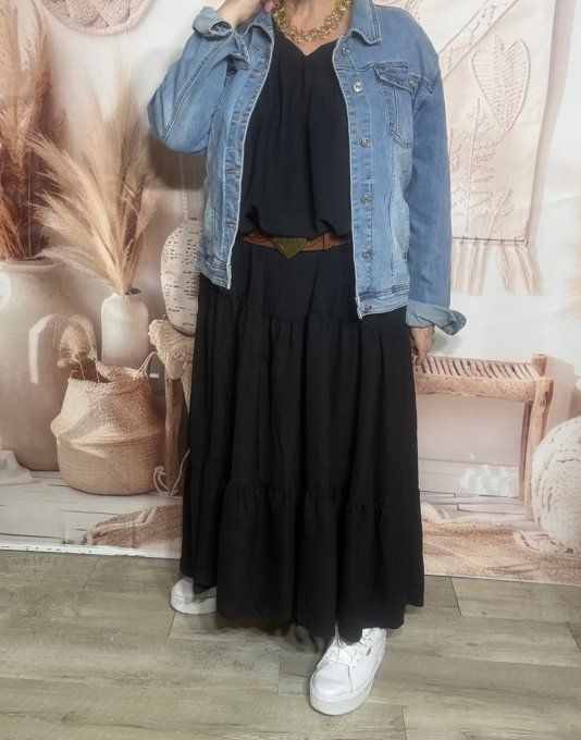 Robe trapèze longue noire Col V manches longues élastiquées du 42 au 54/56