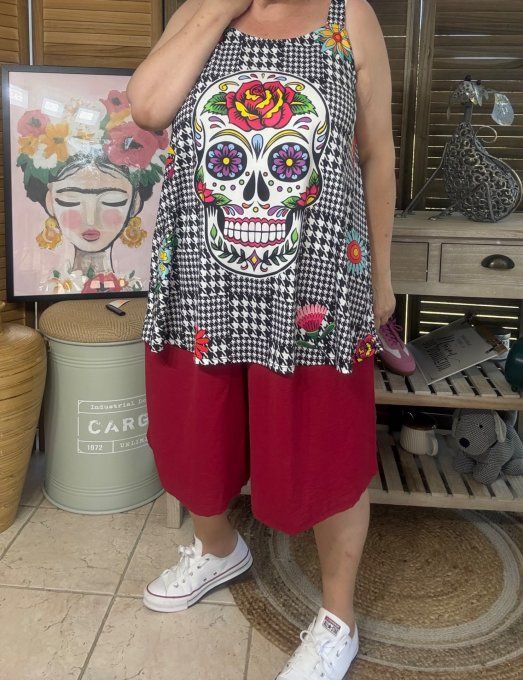 Top débardeur trapèze pieds de poule Mexican Skulls Calavera du 40 au 50/52 