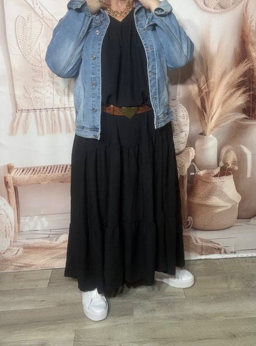 Robe trapèze longue noire Col V manches longues élastiquées du 42 au 54/56