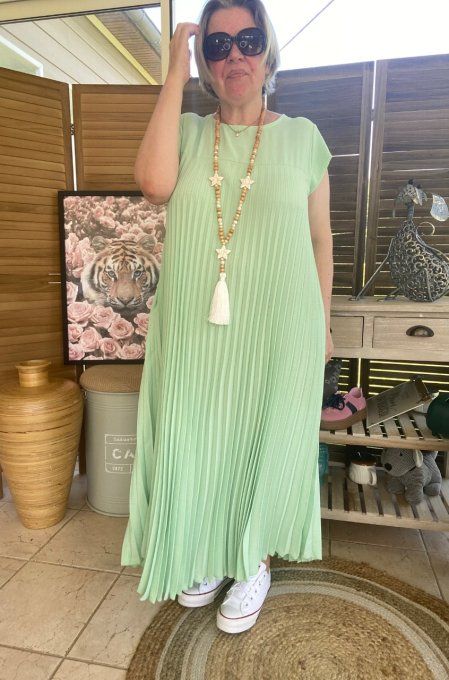 Robe ample longue plissée manches courtes vert d'eau du 38 au 48/50