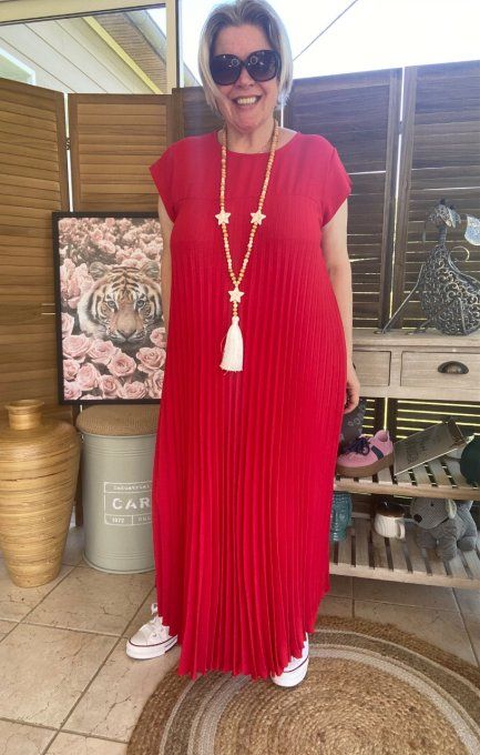 Robe ample longue plissée manches courtes rouge foncé du 38 au 48/50