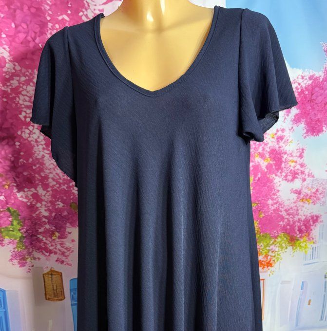 Robe trapèze mi-longue marine manches courtes volantées douceur ++++ du 38 au 50 