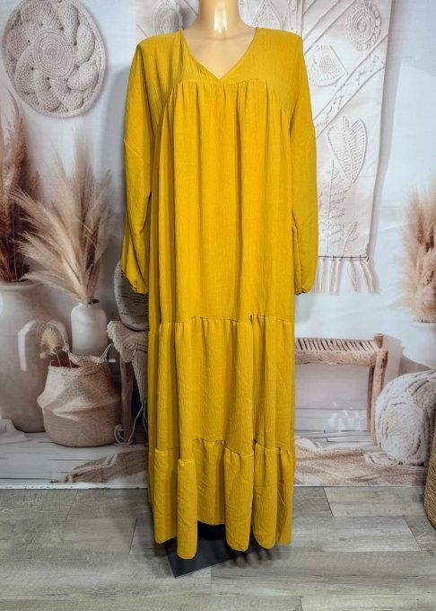 Robe trapèze longue jaune moutarde Col V manches longues élastiquées du 42 au 54/56