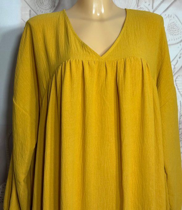 Robe trapèze longue jaune moutarde Col V manches longues élastiquées du 42 au 54/56