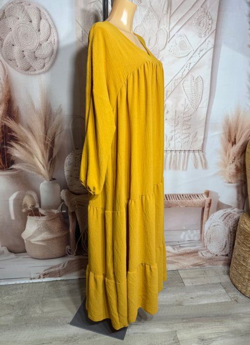 Robe trapèze longue jaune moutarde Col V manches longues élastiquées du 42 au 54/56