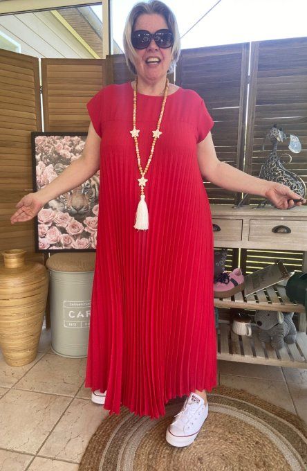 Robe ample longue plissée manches courtes rouge foncé du 38 au 48/50