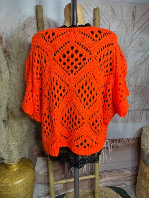 Pull asymétrique ample SANS LAINE maille crochet Bohème orange douceur ++ du 40 au 52