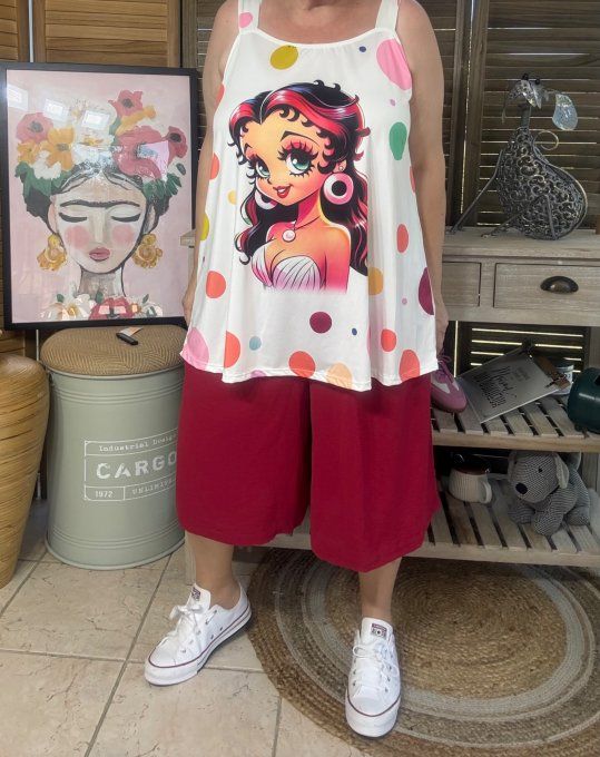 Top débardeur trapèze blanc pois multicolores Betty Boop chic du 40 au 50/52