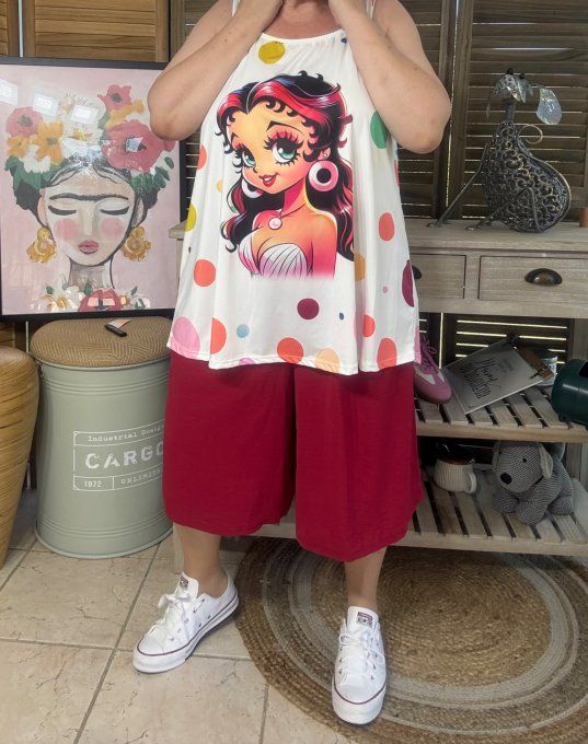 Top débardeur trapèze blanc pois multicolores Betty Boop chic du 40 au 50/52