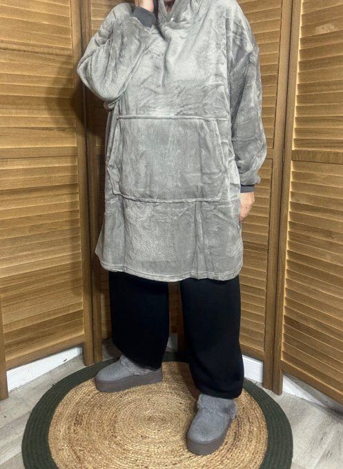 Sweat-plaid à capuche long velours doublé polaire gris perle douceur +++ du 40 au 54