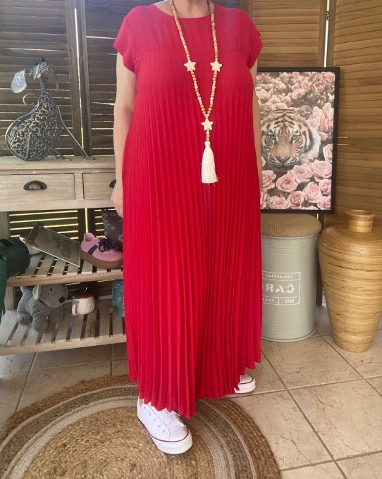 Robe ample longue plissée manches courtes rouge foncé du 38 au 48/50