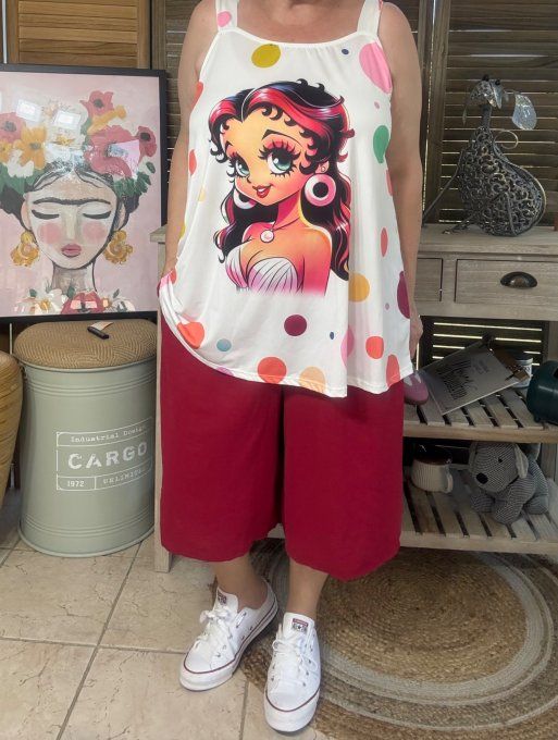Top débardeur trapèze blanc pois multicolores Betty Boop chic du 40 au 50/52