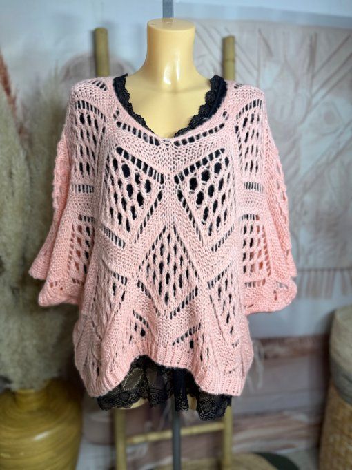 Pull asymétrique ample SANS LAINE maille crochet Bohème rose saumoné douceur ++ du 40 au 52