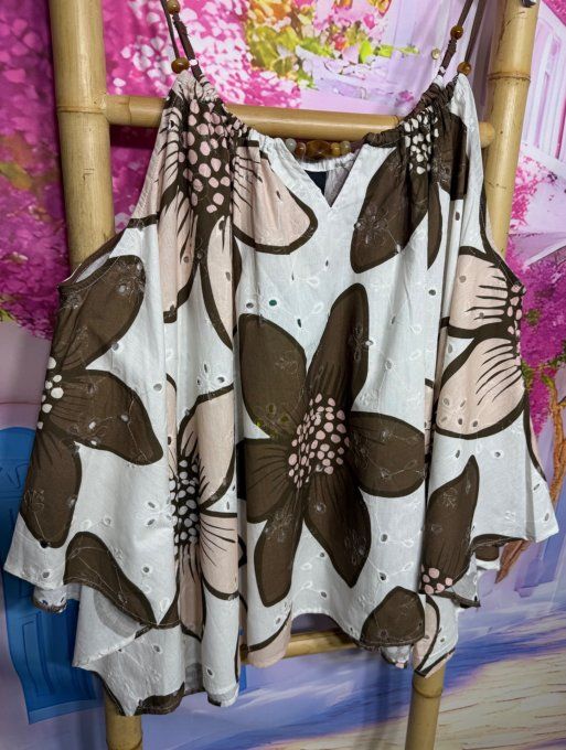 Débardeur oversize bretelles réglables broderie anglaise col perles Fly Out Chocolat du 42 au 54/56