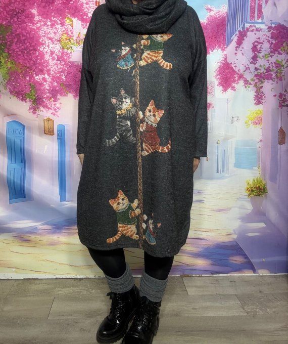 Robe courte ou Maxi-tunique gris chiné + Tour de cou Les Petits Chats Douceur +++ du 38 au 48