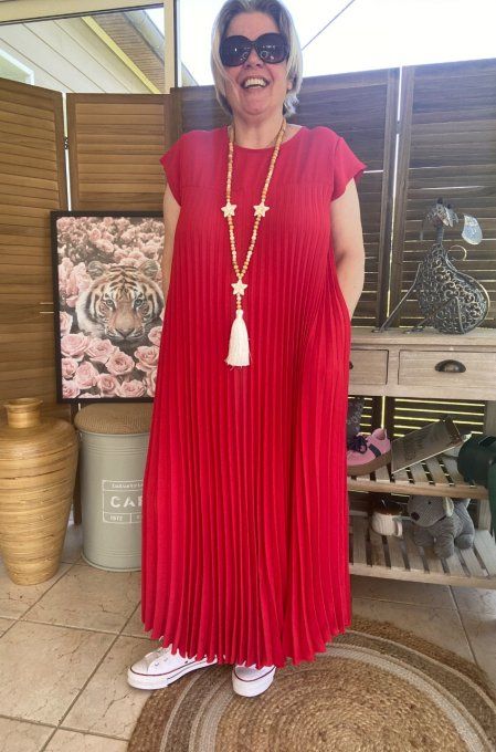 Robe ample longue plissée manches courtes rouge foncé du 38 au 48/50
