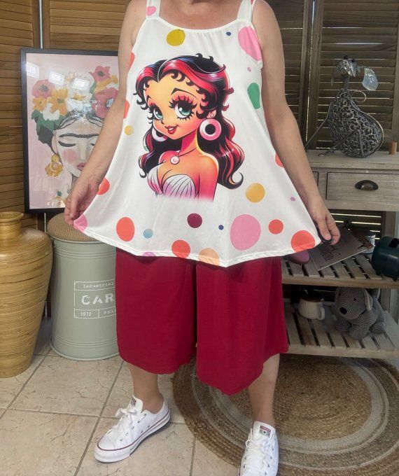 Top débardeur trapèze blanc pois multicolores Betty Boop chic du 40 au 50/52