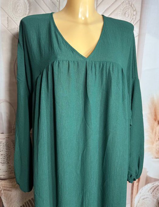 Robe trapèze longue vert bouteille Col V manches longues élastiquées du 42 au 54/56