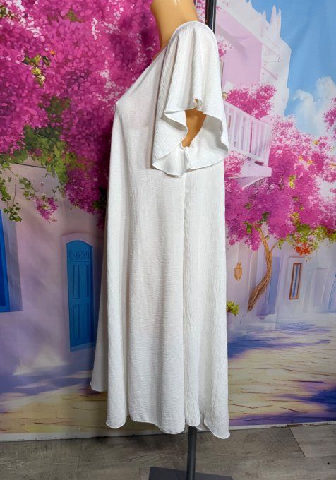 Robe trapèze mi-longue blanche manches courtes volantées douceur ++++ du 38 au 50 