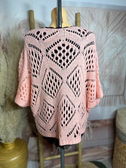 Pull asymétrique ample SANS LAINE maille crochet Bohème rose saumoné douceur ++ du 40 au 52
