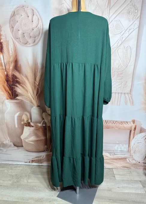Robe trapèze longue vert bouteille Col V manches longues élastiquées du 42 au 54/56