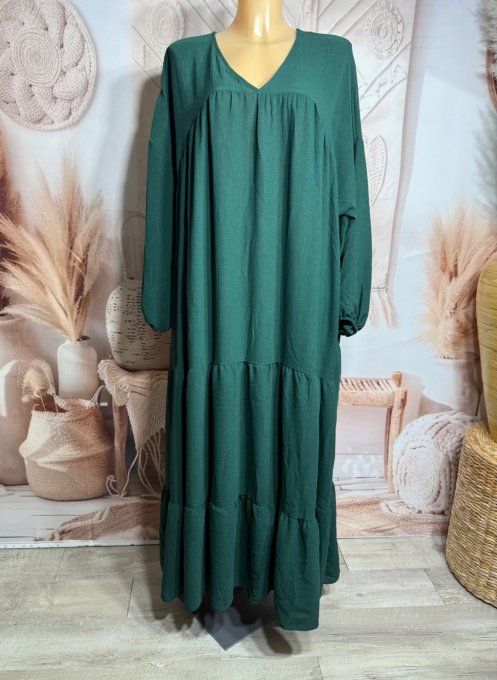 Robe trapèze longue vert bouteille Col V manches longues élastiquées du 42 au 54/56