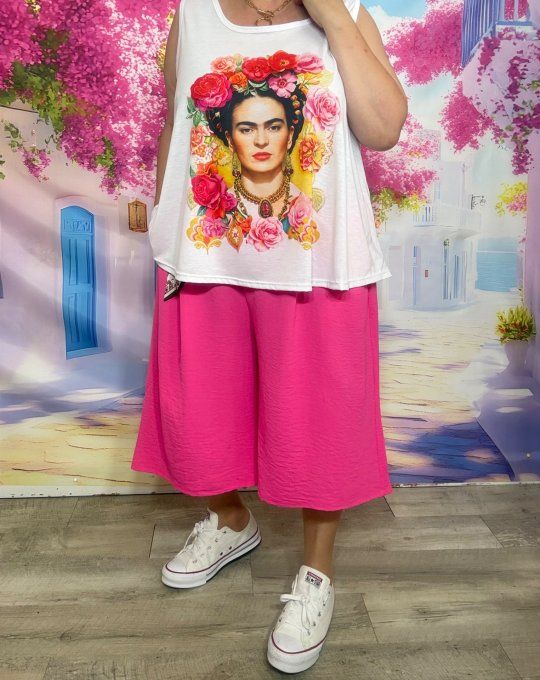 Débardeur trapèze blanc Frida Kahlo aux Fleurs multicolores 40 au 50/52 