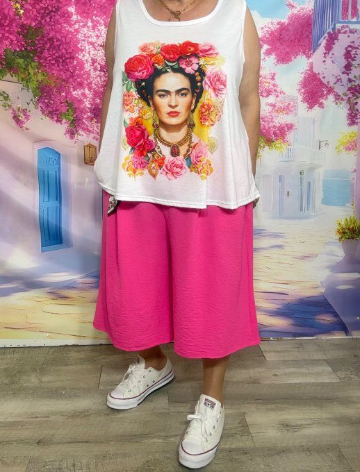 Débardeur trapèze blanc Frida Kahlo aux Fleurs multicolores 40 au 50/52 