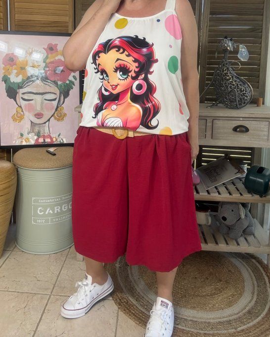 Top débardeur trapèze blanc pois multicolores Betty Boop chic du 40 au 50/52