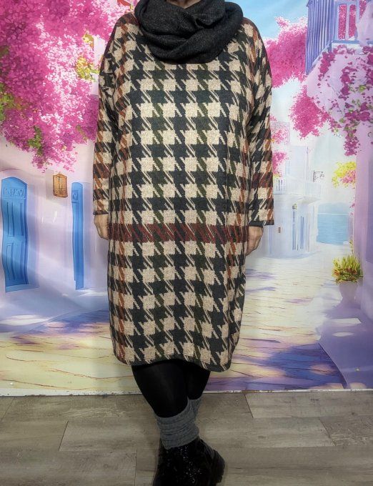 Robe courte ou Maxi-tunique beige chiné + Tour de cou Pieds de Coq Kaki Noir Douceur +++ du 38 au 48