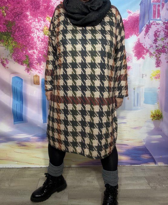 Robe courte ou Maxi-tunique beige chiné + Tour de cou Pieds de Coq Kaki Noir Douceur +++ du 38 au 48