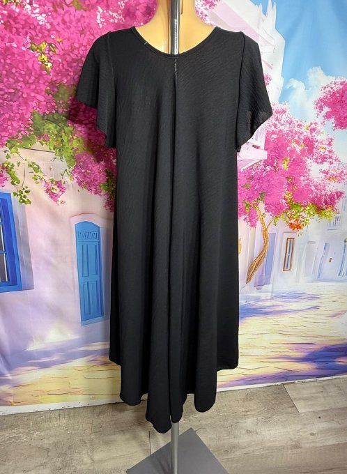 Robe trapèze mi-longue noire manches courtes volantées douceur ++++ du 38 au 50