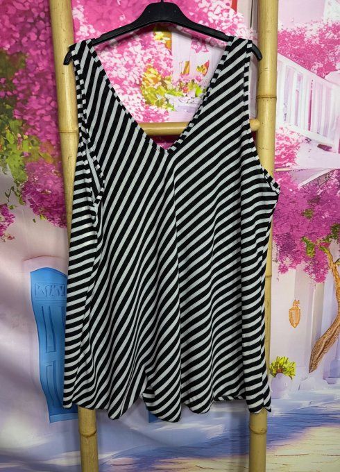 Blouse trapèze ample noire rayures obliques grises larges bretelles du 38 au 48 