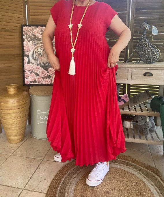 Robe ample longue plissée manches courtes rouge foncé du 38 au 48/50