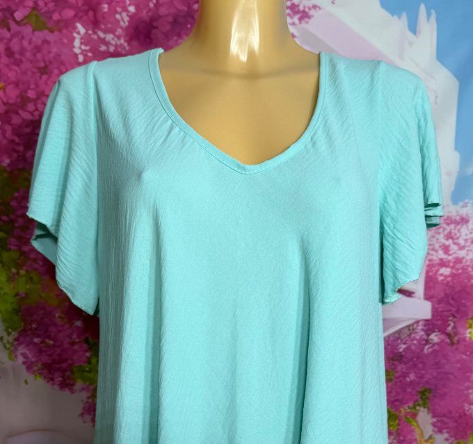 Robe trapèze mi-longue vert d'eau manches courtes volantées douceur ++++ du 38 au 50