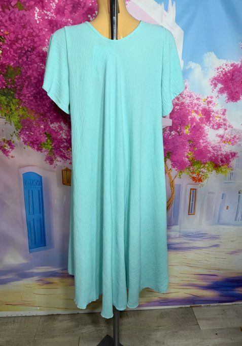 Robe trapèze mi-longue vert d'eau manches courtes volantées douceur ++++ du 38 au 50