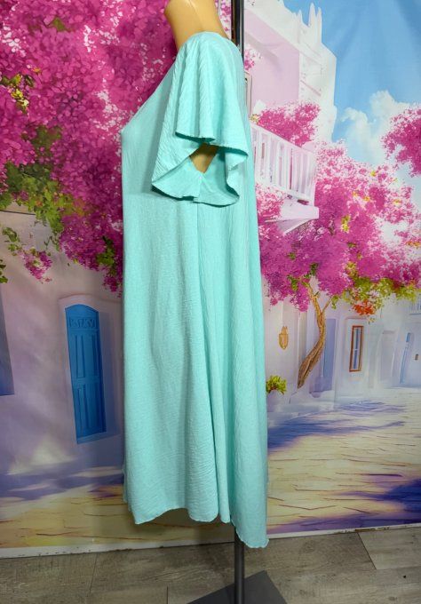 Robe trapèze mi-longue vert d'eau manches courtes volantées douceur ++++ du 38 au 50