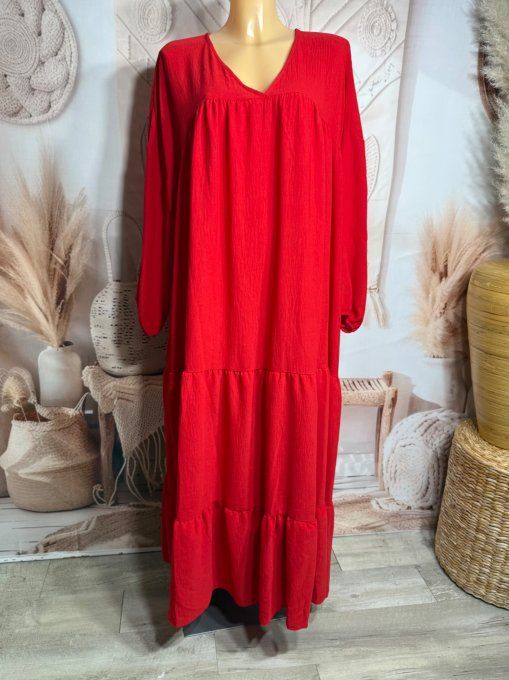 Robe trapèze longue rouge Col V manches longues élastiquées du 42 au 54/56 