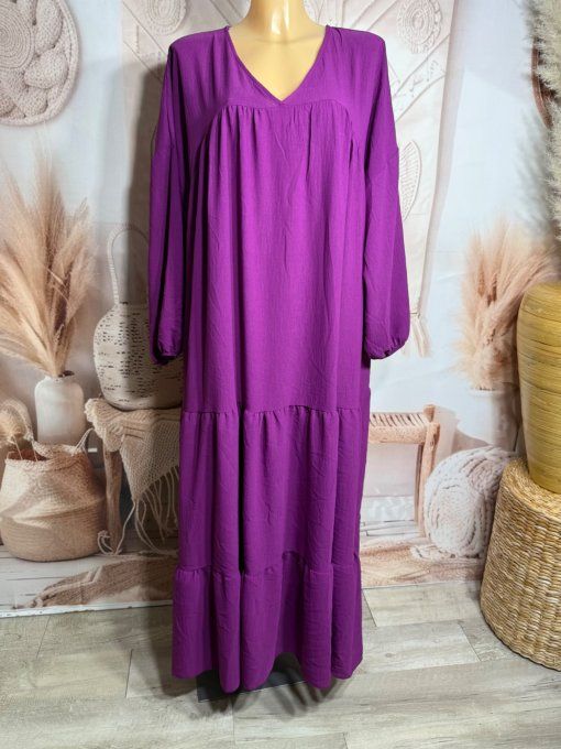 Robe trapèze longue Aubergine Col V manches longues élastiquées du 42 au 54/56 