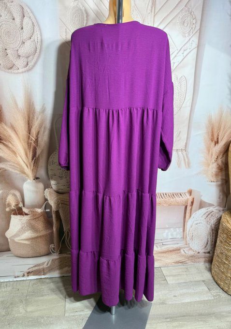 Robe trapèze longue Aubergine Col V manches longues élastiquées du 42 au 54/56 