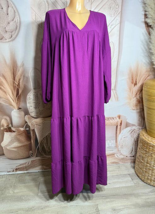 Robe trapèze longue Aubergine Col V manches longues élastiquées du 42 au 54/56 