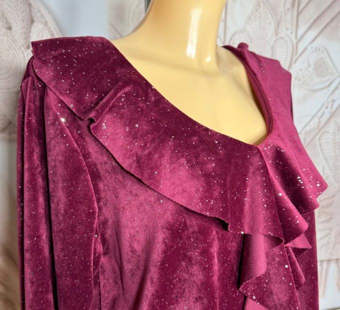 Blouse velours Grenat col volanté strass paillettes argentées du 34 au 44/46