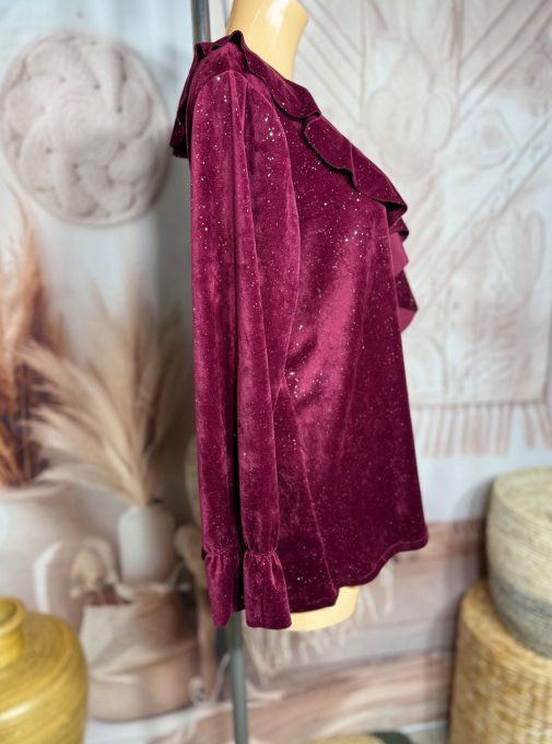 Blouse velours Grenat col volanté strass paillettes argentées du 34 au 44/46