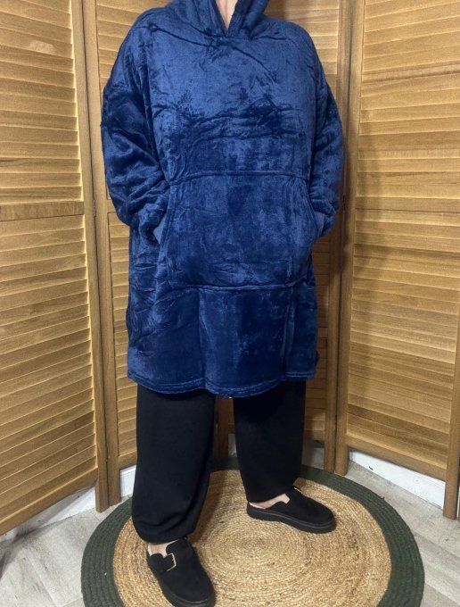 Sweat-plaid à capuche long velours doublé polaire bleu marine douceur +++ du 40 au 54 