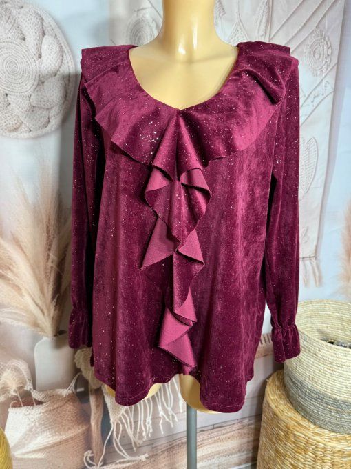 Blouse velours Grenat col volanté strass paillettes argentées du 34 au 44/46
