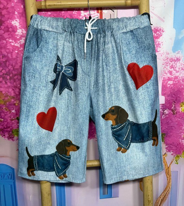 Bermuda / short long effet jeans stone clair Adorables Teckels & coeurs stretch ++ du 38 au 50/52