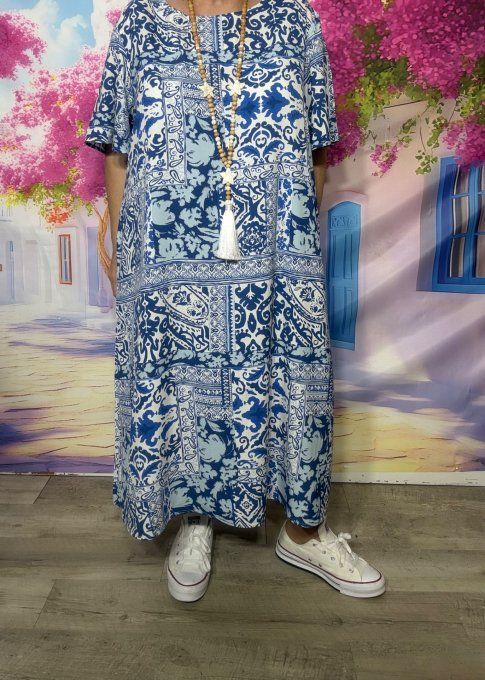 Robe ample longue viscose blanche Azulejos camaïeu de bleus douceur +++ du 40 au 48/50