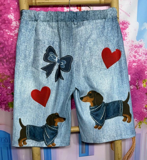 Bermuda / short long effet jeans stone clair Adorables Teckels & coeurs stretch ++ du 38 au 50/52