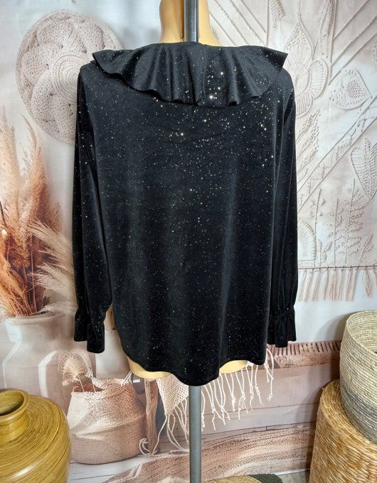 Blouse velours noir col volanté strass paillettes argentées du 34 au 44/46