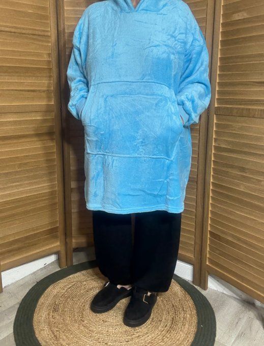 Sweat-plaid à capuche long velours doublé polaire bleu Cyan douceur +++ du 40 au 54 